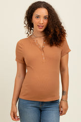 Camel Snap Button Maternity Short Sleeve Top