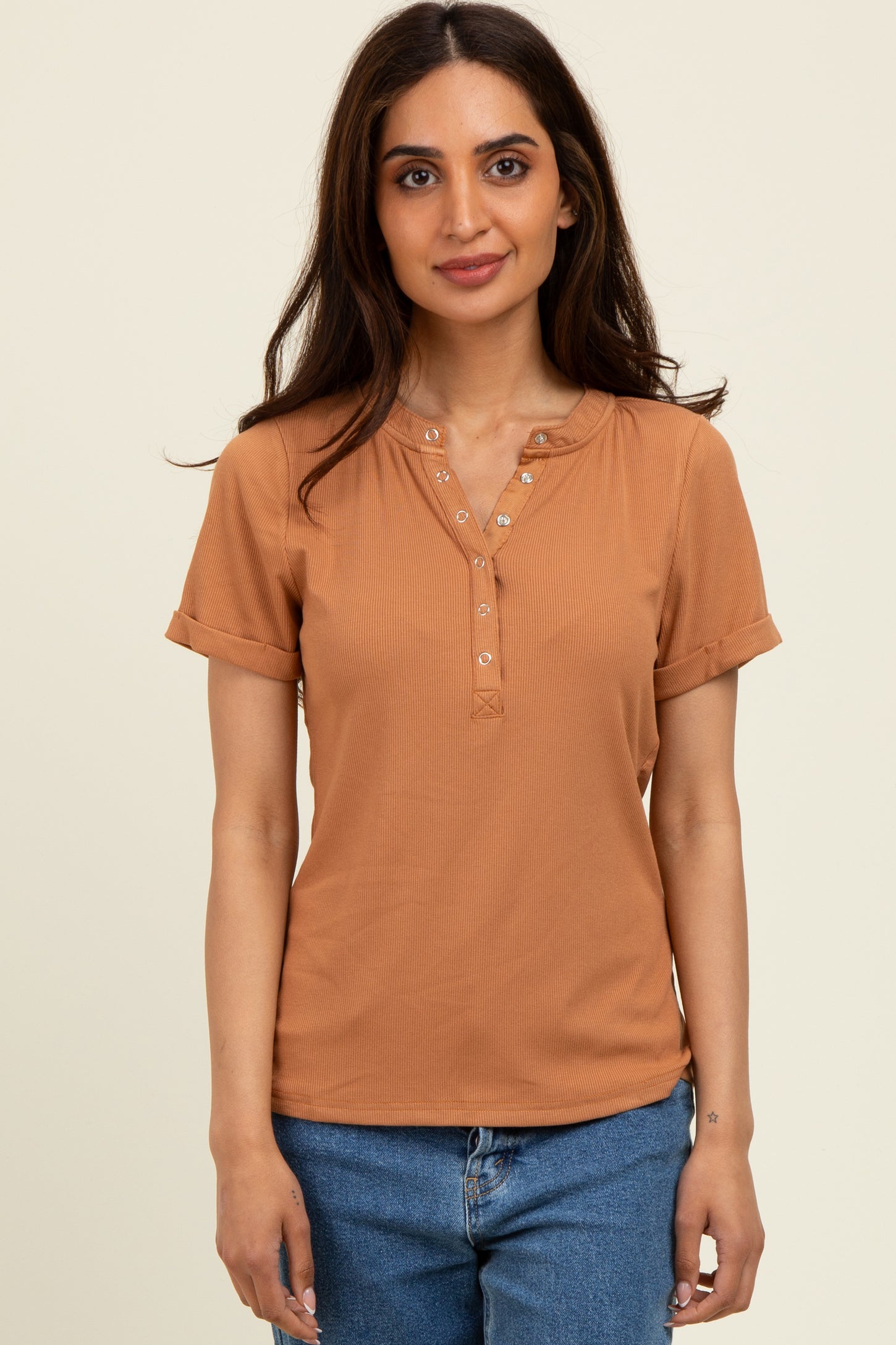 Camel Snap Button Maternity Short Sleeve Top