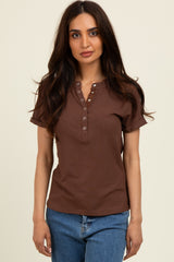 Brown Snap Button Short Sleeve Top
