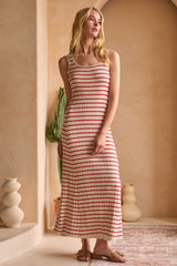 Red Striped Ribbed Sleeveless Maxi Dress