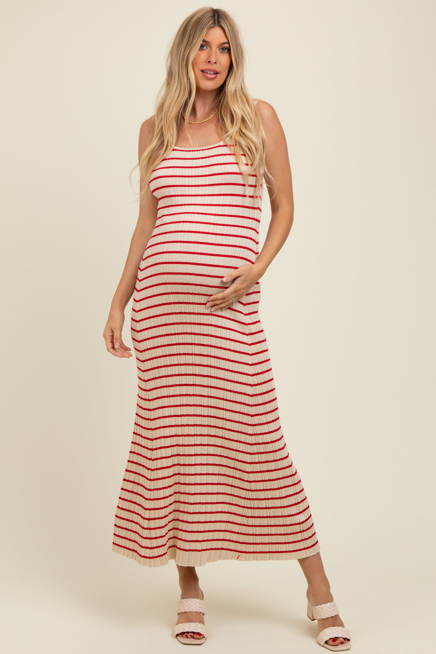 Red Striped Ribbed Sleeveless Maternity Maxi Dress