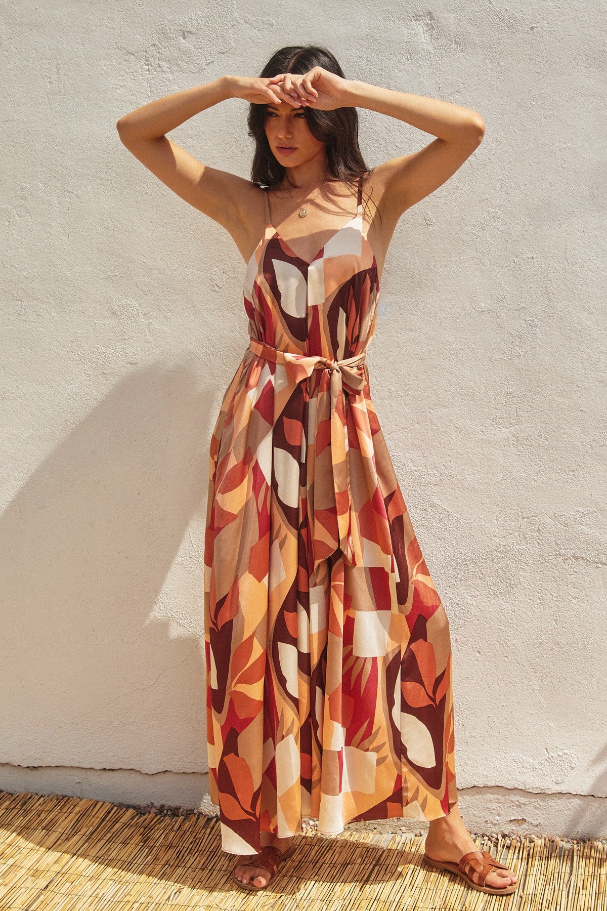 Rust Geometric Print Sash Tie Maxi Dress