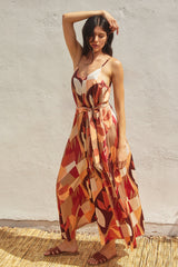 Rust Geometric Print Sash Tie Maxi Dress