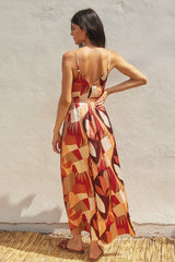 Rust Geometric Print Sash Tie Maxi Dress
