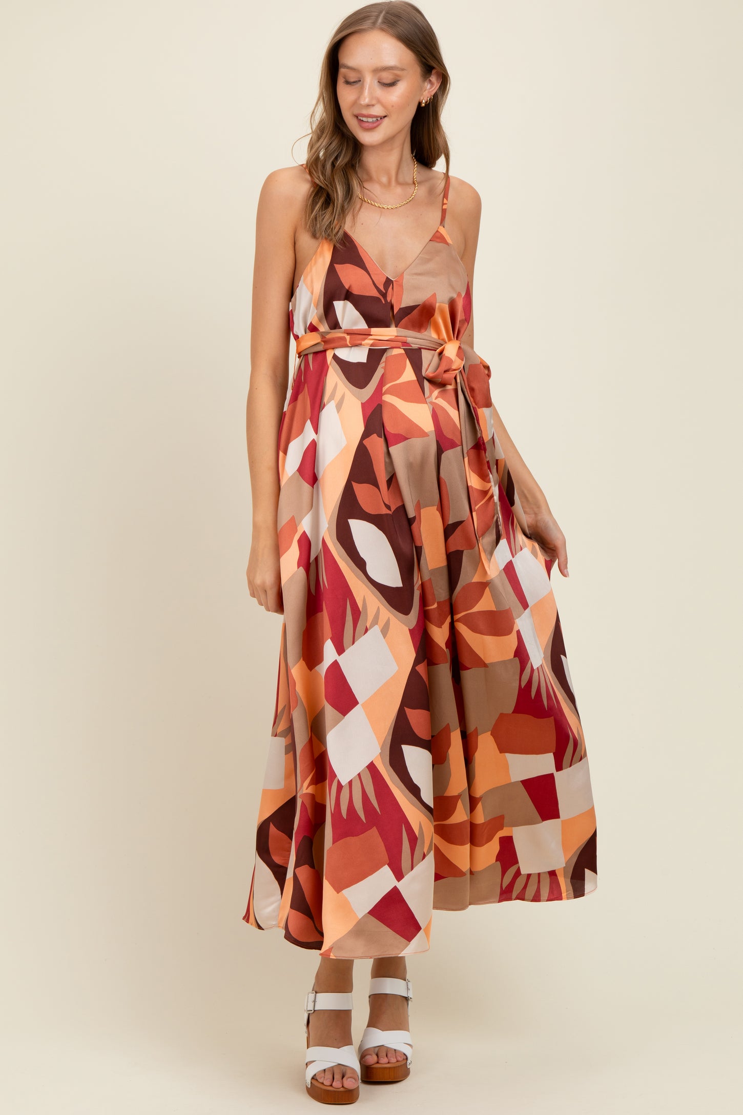 Rust Geometric Print Sash Tie Maternity Maxi Dress