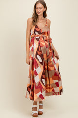 Rust Geometric Print Sash Tie Maternity Maxi Dress