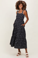 Black Floral Lace Trim Shoulder Tie Maternity Maxi Dress