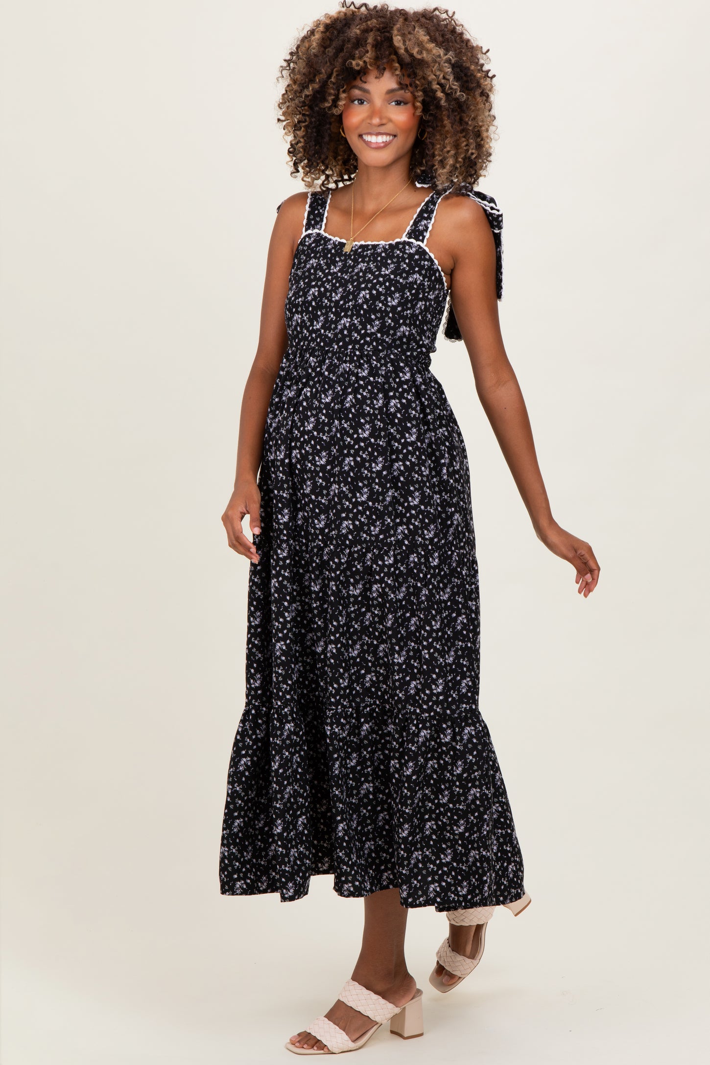 Black Floral Lace Trim Shoulder Tie Maternity Maxi Dress