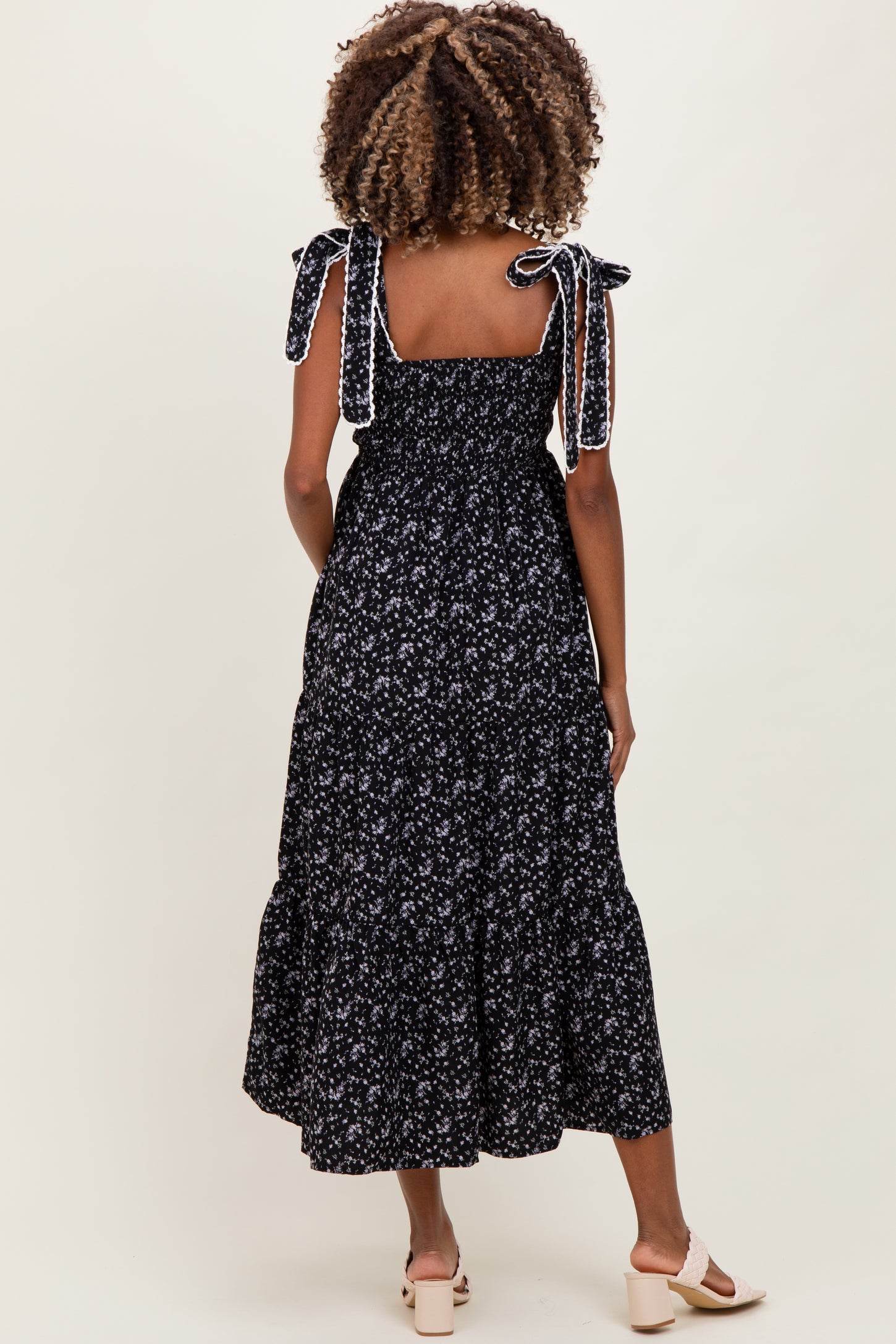 Black Floral Lace Trim Shoulder Tie Maternity Maxi Dress