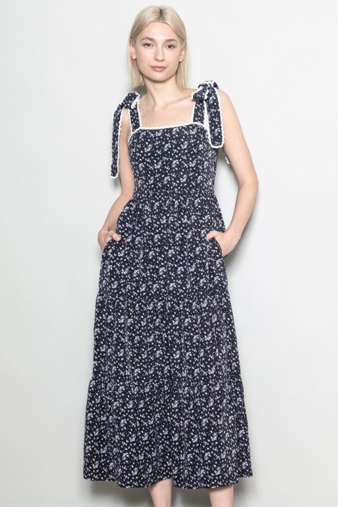 Black Floral Lace Trim Shoulder Tie Maxi Dress