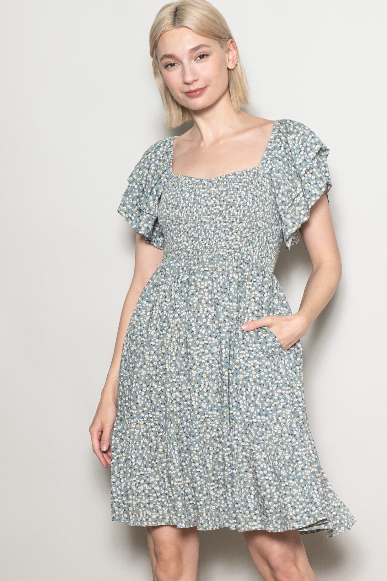 Light Olive Floral Smocked Flutter Sleeve Dress