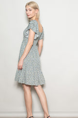 Light Olive Floral Smocked Flutter Sleeve Dress