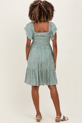 Light Olive Floral Smocked Flutter Sleeve Maternity Dress