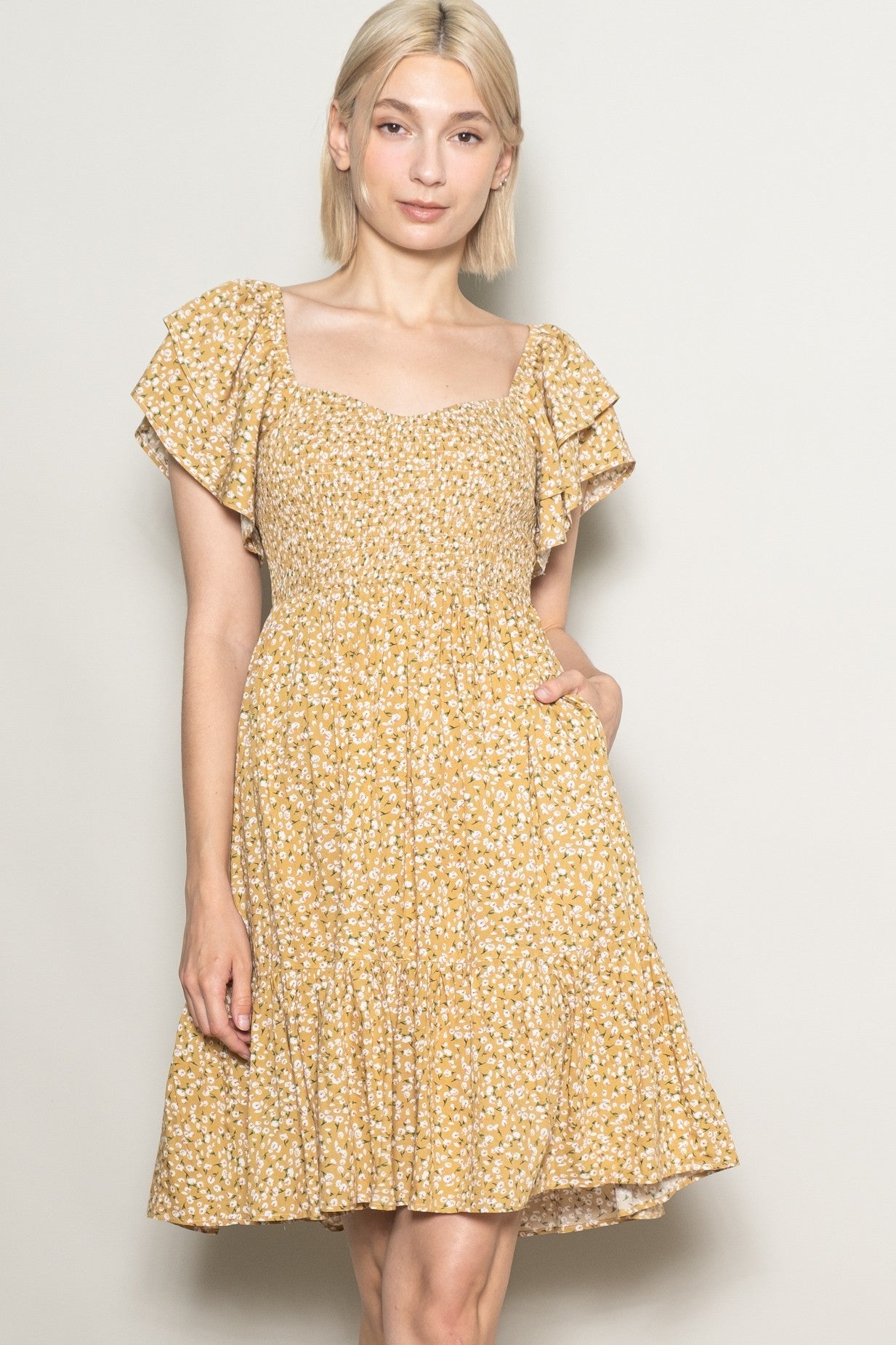 Yellow Floral Smocked Flutter Sleeve Maternity Dress