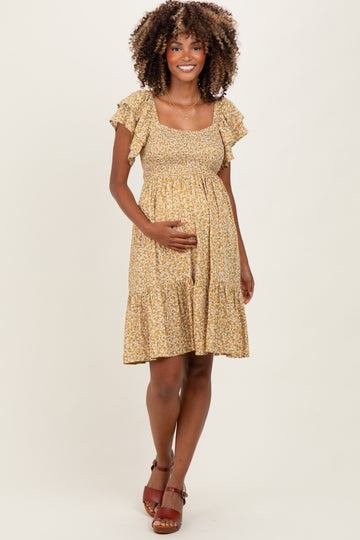 Yellow Floral Smocked Flutter Sleeve Maternity Dress