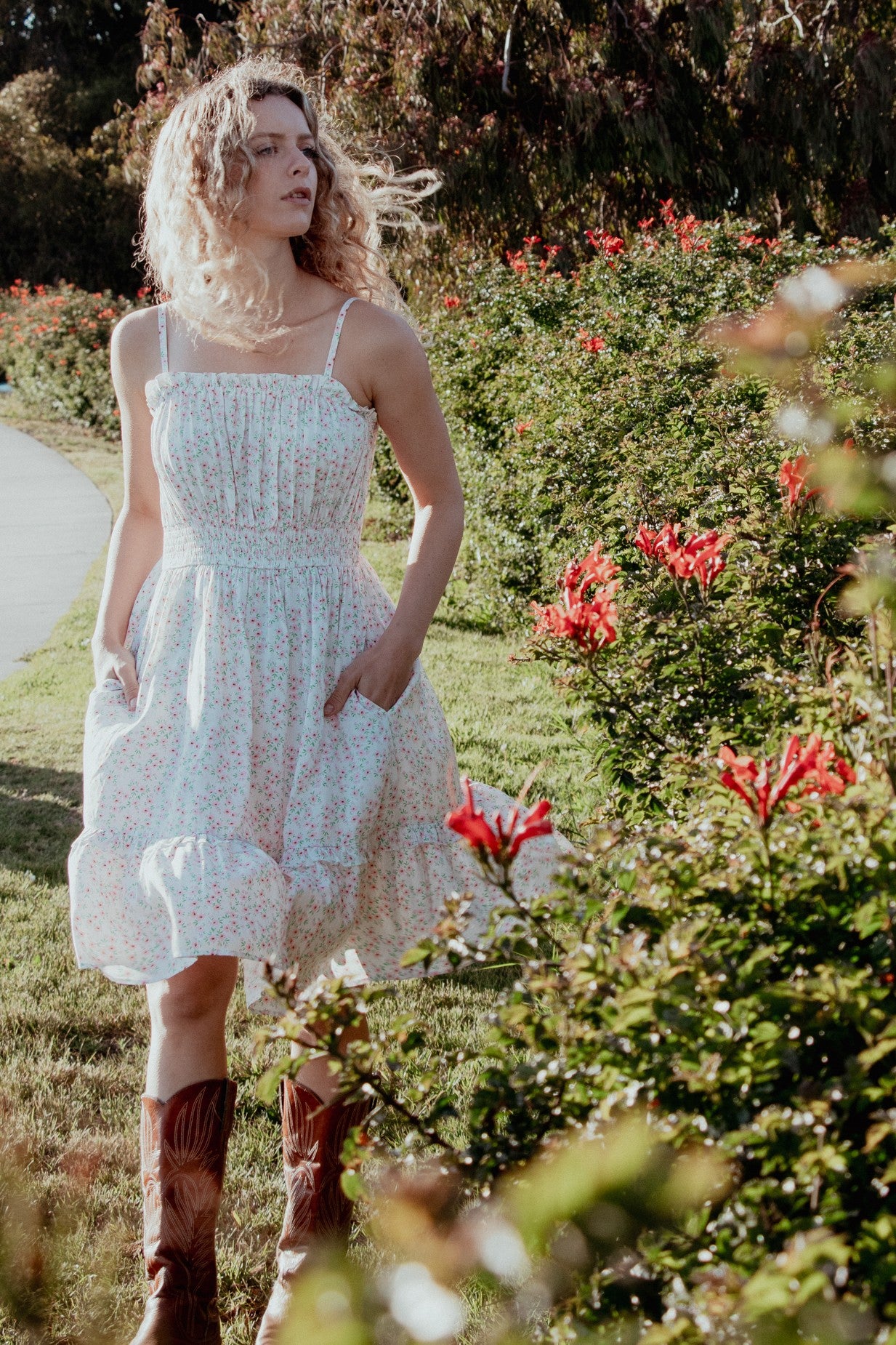 Ivory Floral Smocked Waist Ruffle Accent Dress