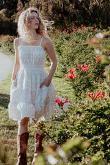 Ivory Floral Smocked Waist Ruffle Accent Dress
