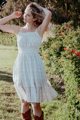 Ivory Floral Smocked Waist Ruffle Accent Dress