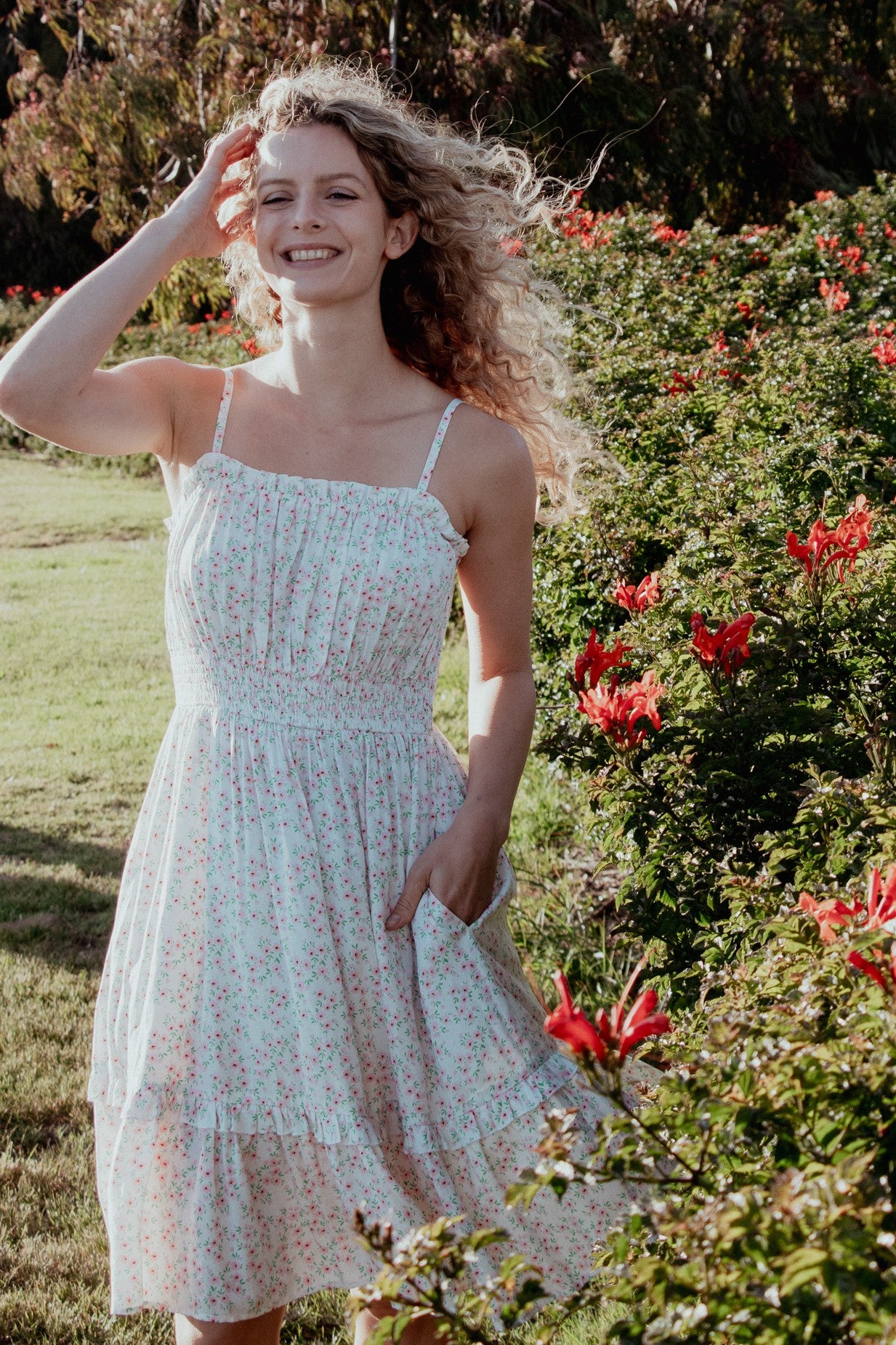 Ivory Floral Smocked Waist Ruffle Accent Dress