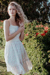 Ivory Floral Smocked Waist Ruffle Accent Dress
