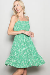Green Floral Smocked Waist Ruffle Accent Dress