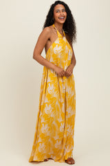 Yellow Leaf Print Halter Open Back Maxi Dress