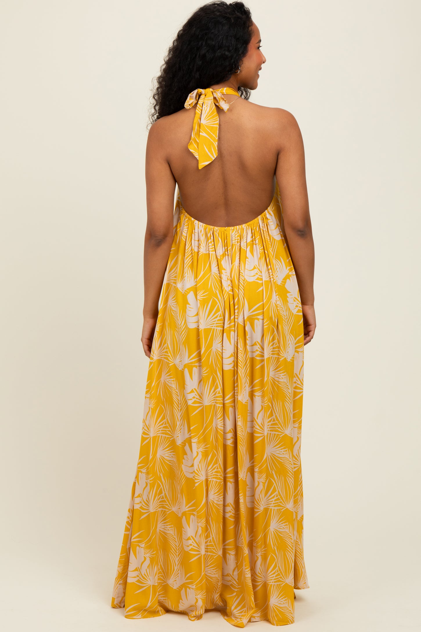 Yellow Leaf Print Halter Open Back Maxi Dress