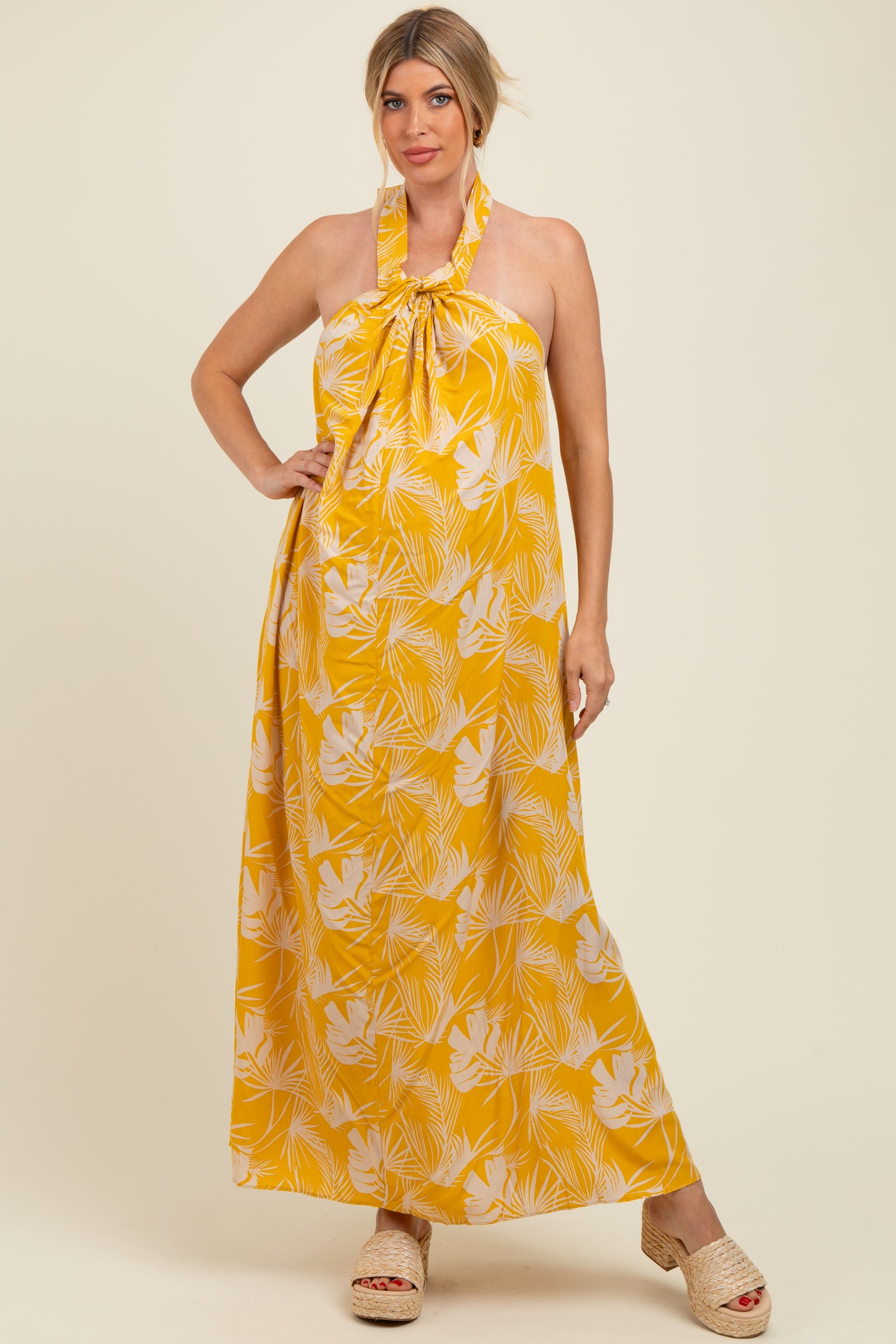 Yellow Leaf Print Halter Open Back Maternity Maxi Dress