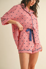 Red Bow Print Gingham Pajama Short Set