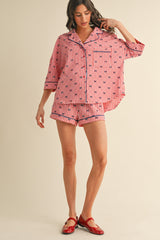 Red Bow Print Gingham Pajama Short Set
