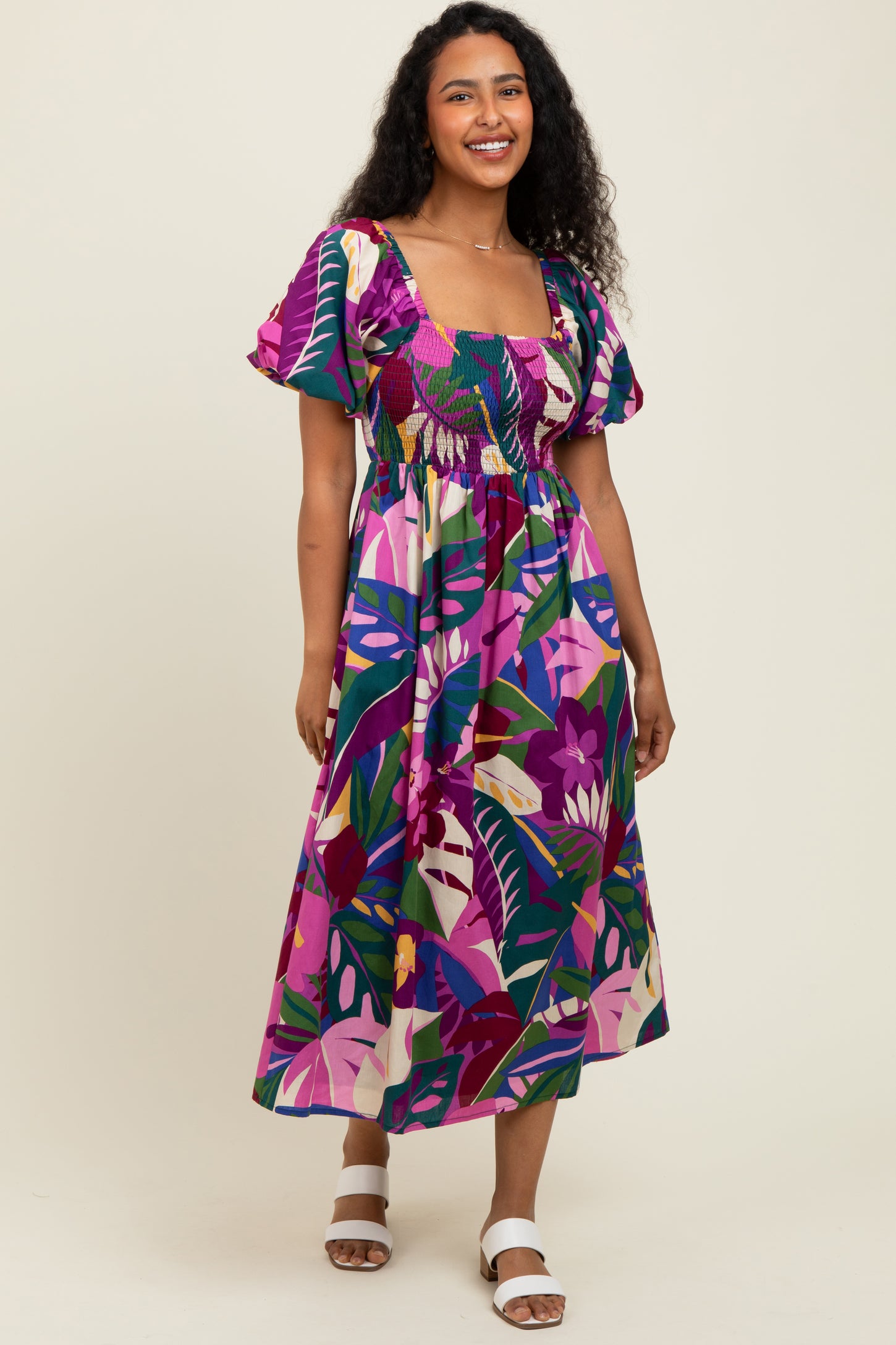 Purple Tropical Smocked Puff Sleeve Midi Dress
