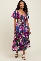 Purple Tropical Smocked Puff Sleeve Midi Dress