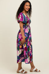 Purple Tropical Smocked Puff Sleeve Midi Dress
