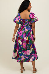 Purple Tropical Smocked Puff Sleeve Midi Dress