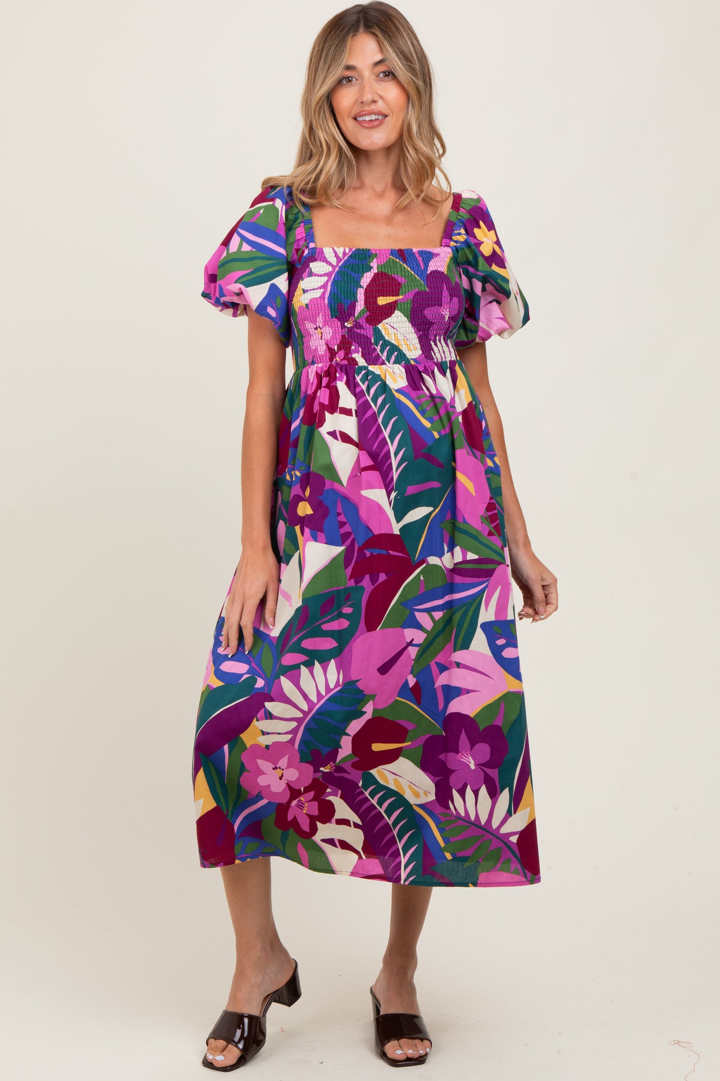 Purple Tropical Smocked Puff Sleeve Maternity Midi Dress