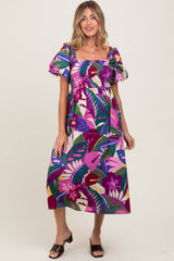 Purple Tropical Smocked Puff Sleeve Maternity Midi Dress