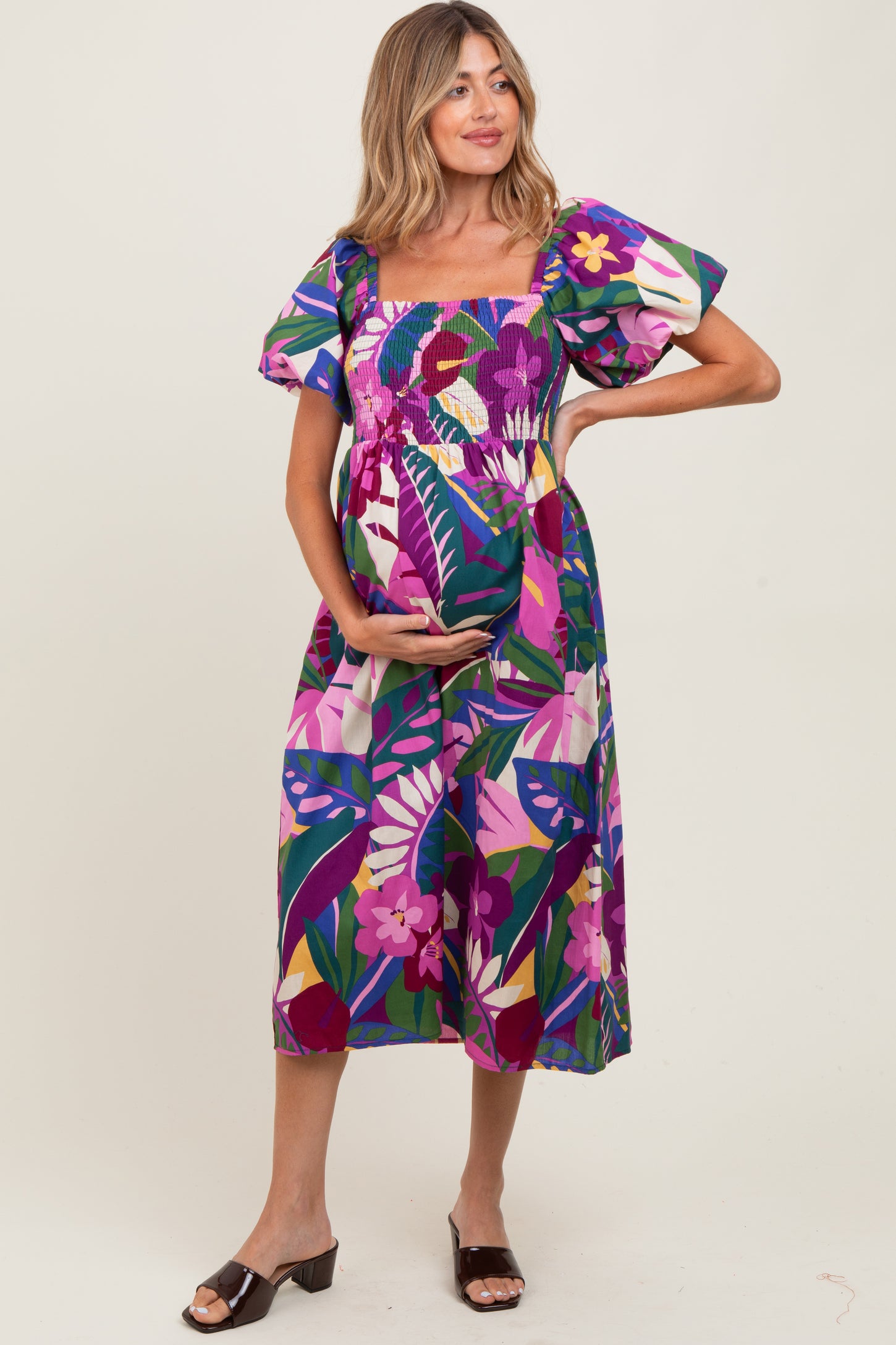 Purple Tropical Smocked Puff Sleeve Maternity Midi Dress