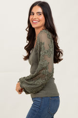 Olive Floral Lace Balloon Sleeve Top