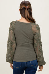 Olive Floral Lace Balloon Sleeve Maternity Top