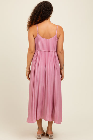 Pink Pleated Sash Tie Maternity Midi Dress