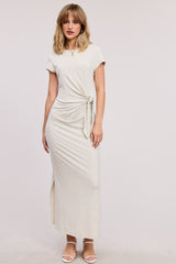 Cream Side Knot Tie Short Sleeve Maternity Midi Dress