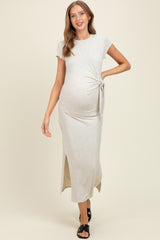 Cream Side Knot Tie Short Sleeve Maternity Midi Dress