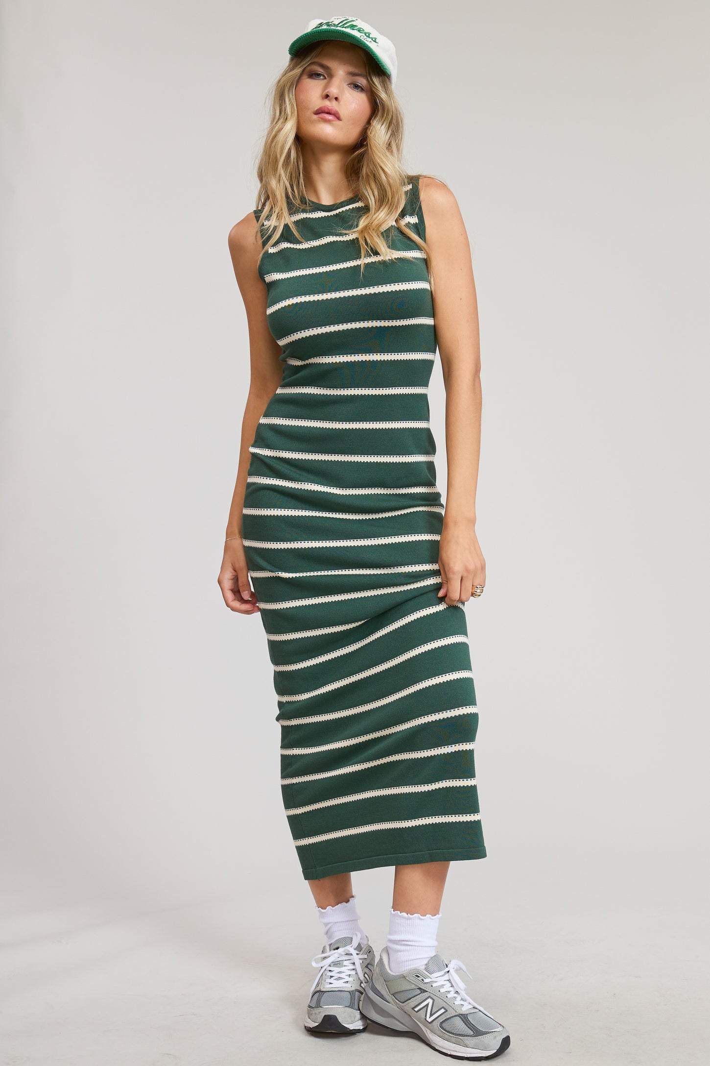 Forest Green Striped Sleeveless Knit Midi Dress