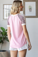 Pink Floral Contrast Short Sleeve Top