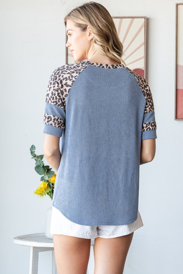 Blue Ribbed Animal Print Contrast Short Sleeve Top