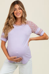 Lilac Floral Contrast Raglan Short Sleeve Maternity T-Shirt