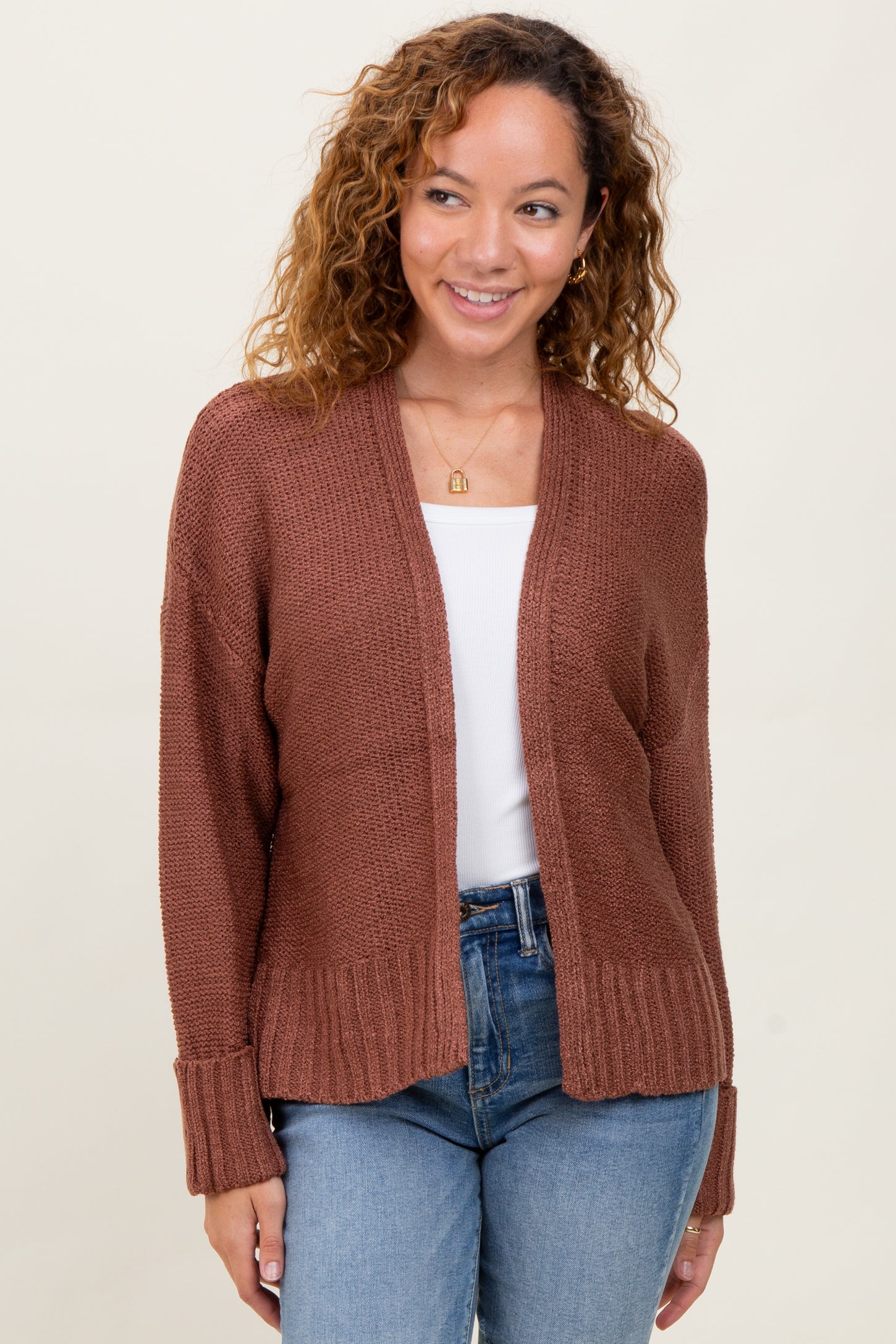 Rust Contrast Knit Open Maternity Cardigan