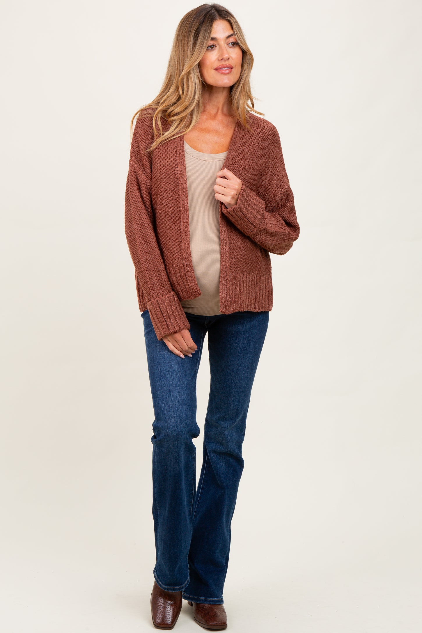 Rust Contrast Knit Open Maternity Cardigan