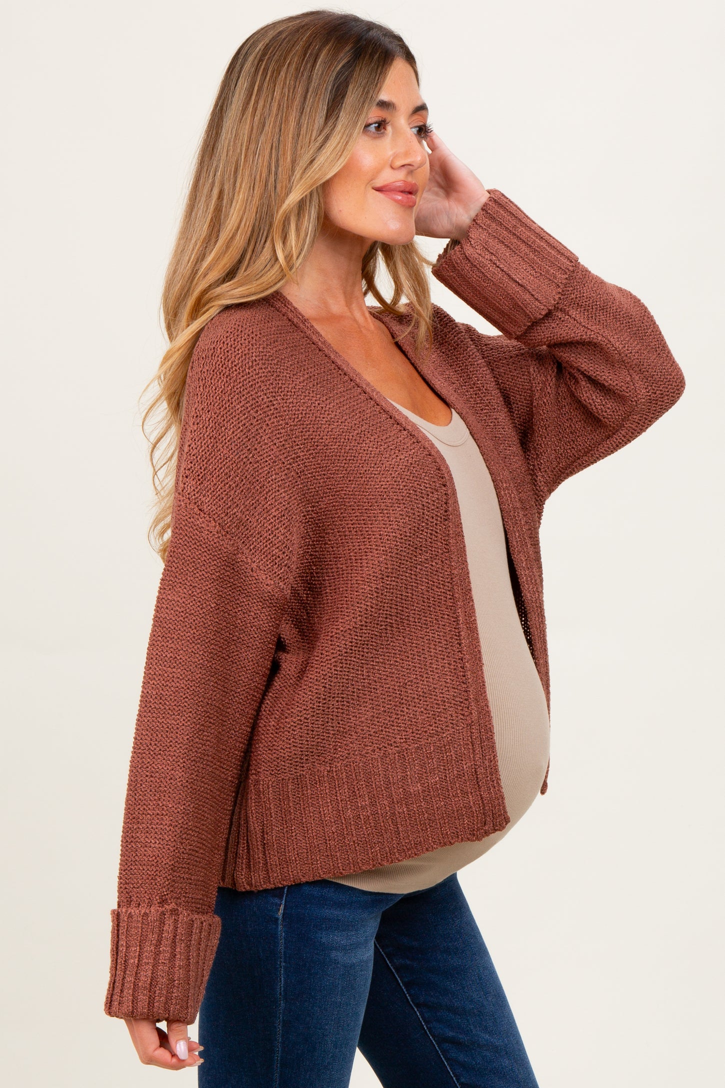 Rust Contrast Knit Open Maternity Cardigan