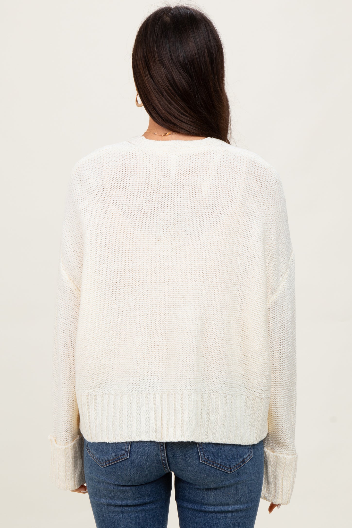 Cream Contrast Knit Open Cardigan